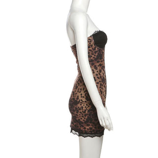 Leopard print lace hem button tube mini dress