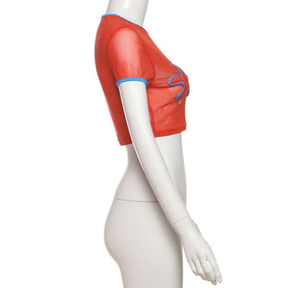 Crewneck short sleeve mesh contrast crop top