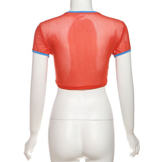 Crewneck short sleeve mesh contrast crop top