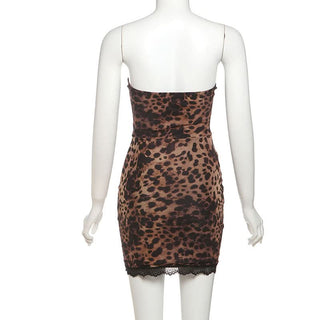 Leopard print lace hem button tube mini dress