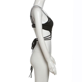 Hollow out self tie o ring cross front cami cut out top