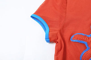 Crewneck short sleeve mesh contrast crop top