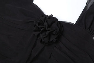 Irregular flower applique ruffle ruched mini dress