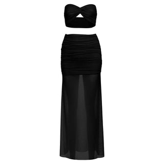 Ruched knotted mesh tube maxi skirt set