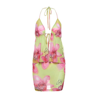 Halter self tie flower print mesh mini skirt set