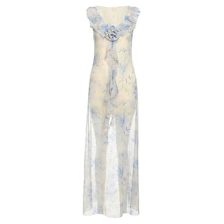 Ruffle flower applique print v neck maxi dress