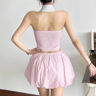 Hollow out button halter striped smocked cut out top