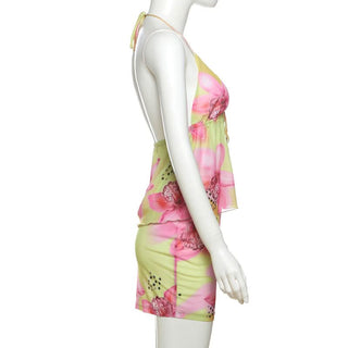 Halter self tie flower print mesh mini skirt set
