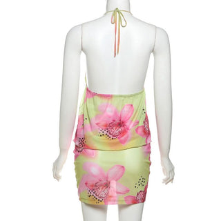 Halter self tie flower print mesh mini skirt set