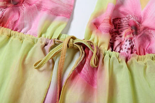 Halter self tie flower print mesh mini skirt set