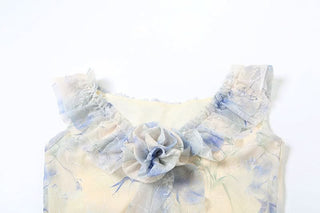 Ruffle flower applique print v neck maxi dress