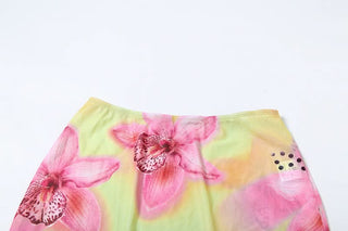 Halter self tie flower print mesh mini skirt set