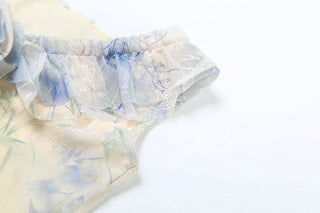 Ruffle flower applique print v neck maxi dress