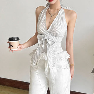 Bowknot striped lace hem halter v neck top