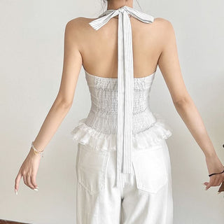 Bowknot striped lace hem halter v neck top