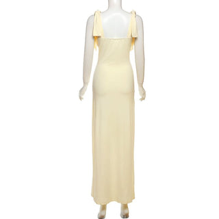 Self tie v neck ruched backless maxi dress