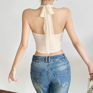 Halter self tie mesh backless solid top