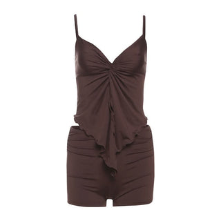 V neck solid ruched ruffle cami short pant set
