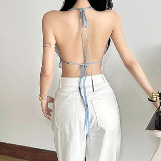 Halter self tie backless contrast top