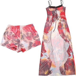 Contrast print ruffle self tie cami short pant set