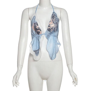 Halter self tie backless contrast top