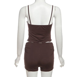 V neck solid ruched ruffle cami short pant set