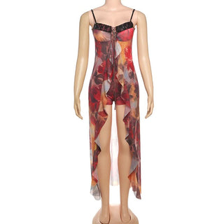 Contrast print ruffle self tie cami short pant set