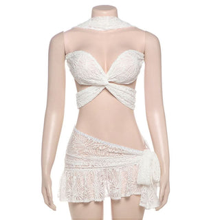 Cross front lace knotted mini skirt set