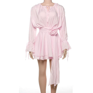 Long flared sleeve flower applique ruched ruffle mini dress