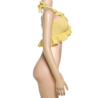 Halter ruffle knitted solid crop top