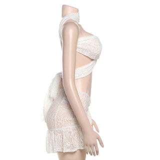 Cross front lace knotted mini skirt set