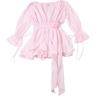 Long flared sleeve flower applique ruched ruffle mini dress