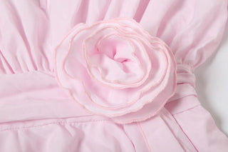 Long flared sleeve flower applique ruched ruffle mini dress