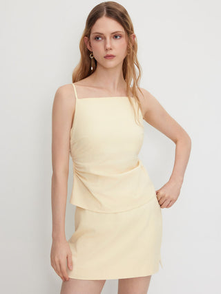 Linen-blend Ruched Criss Cross Backless Cami Top With Mini Skirt Set