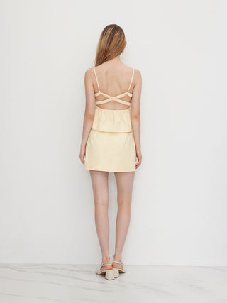 Linen-blend Ruched Criss Cross Backless Cami Top With Mini Skirt Set