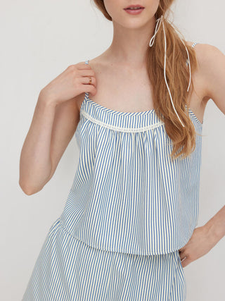 Cotton-blend U-neckline Stripe Lace Trim Cami Top & Mid Rise Elastic Waist Shorts Loungewear Set