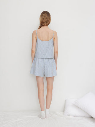 Cotton-blend U-neckline Stripe Lace Trim Cami Top & Mid Rise Elastic Waist Shorts Loungewear Set