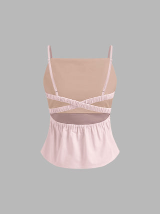 Linen-blend Ruched Criss Cross Backless Cami Top With Mini Skirt Set