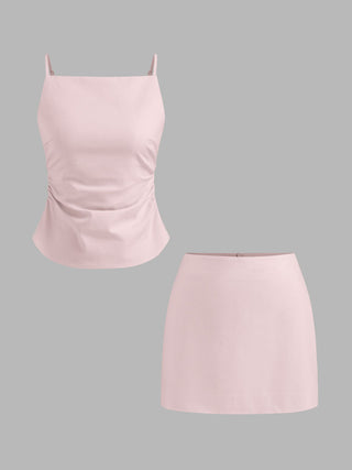 Linen-blend Ruched Criss Cross Backless Cami Top With Mini Skirt Set