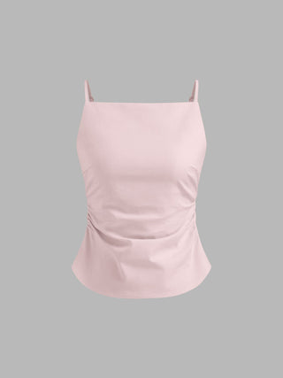 Linen-blend Ruched Criss Cross Backless Cami Top With Mini Skirt Set