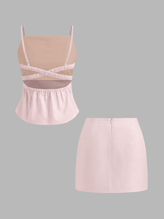 Linen-blend Ruched Criss Cross Backless Cami Top With Mini Skirt Set