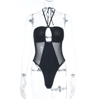 Hollow out mesh patchwork halter bodysuit