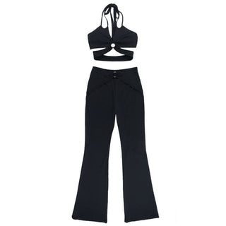 Hollow out o ring solid self tie pant set