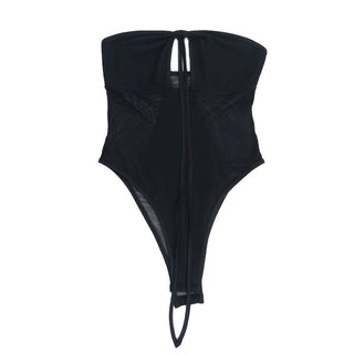 Hollow out mesh patchwork halter bodysuit