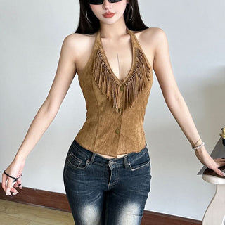 Halter tassels v neck button top