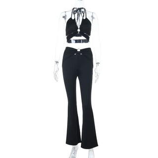 Hollow out o ring solid self tie pant set