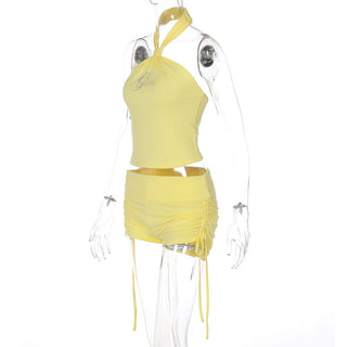 Halter beaded drawstring short pant set