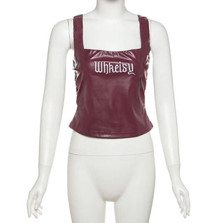 Letter pattern PU leather cami top
