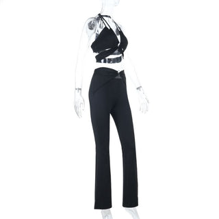 Hollow out o ring solid self tie pant set