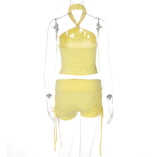 Halter beaded drawstring short pant set